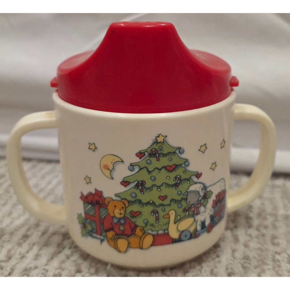 Vintage Genin Trudeau Kidouki Christmas Sippy Cup Teddy Bear Rocking Horse Red